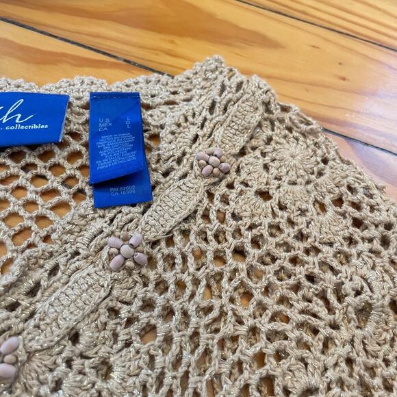 Y2K Boho Crochet Open Knit Top Beaded Floral Beige Hippie Festival Fairy L - Picture 7 of 9